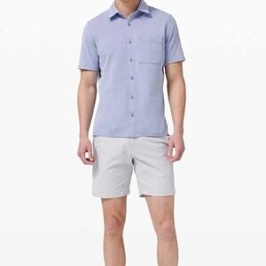 Lululemon Commission Short Sleeve Shirt Mens L / XL Oxford Harbor Blue Button Up